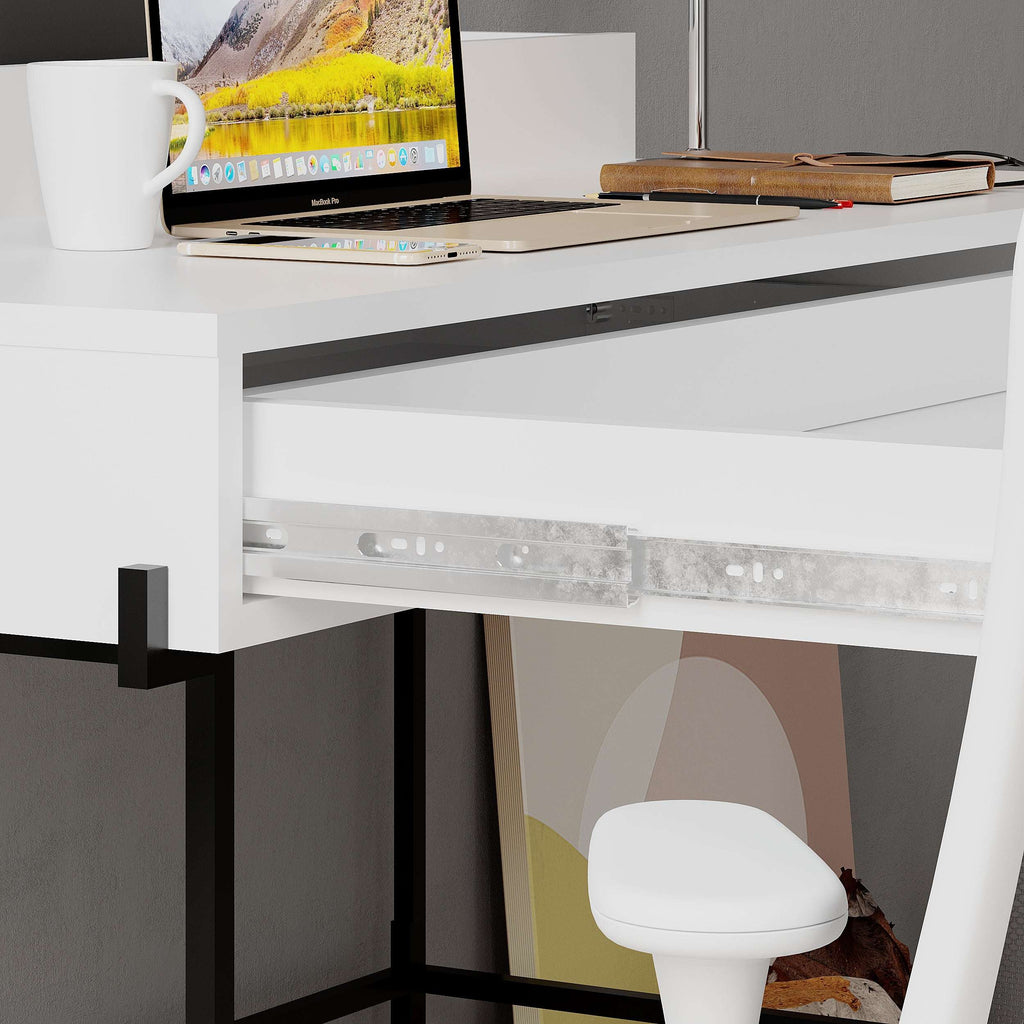 Modern multipurpose desk with white drawers and black metal support frame