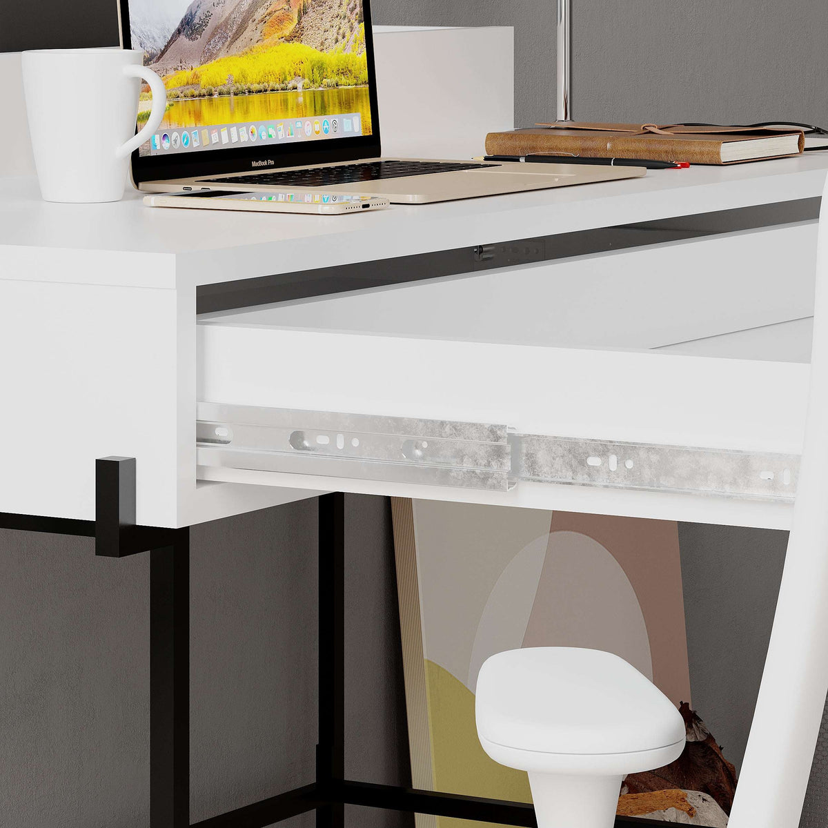 Modern multipurpose desk with white drawers and black metal support frame
