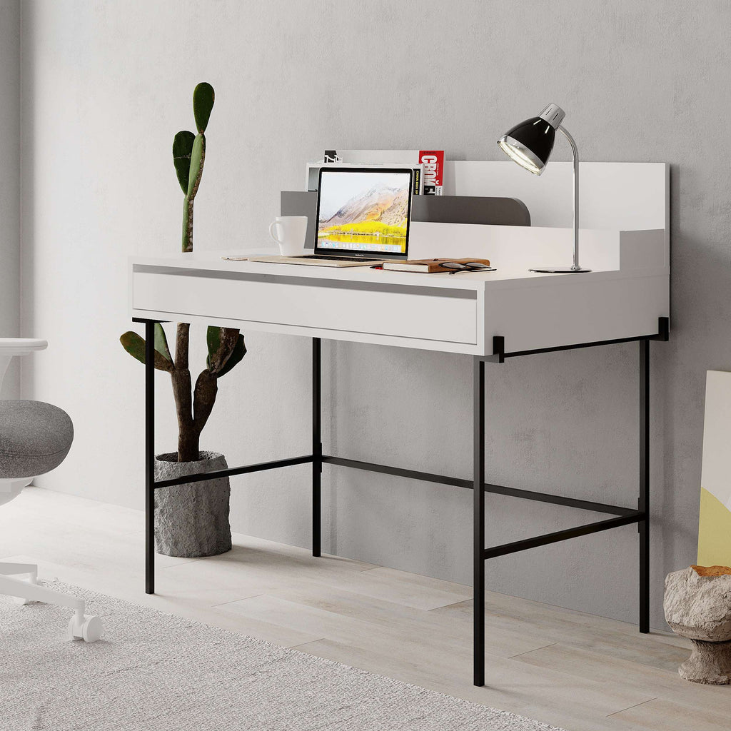 Modern study desk with white floating shelves, anthracite frame, and front drawer