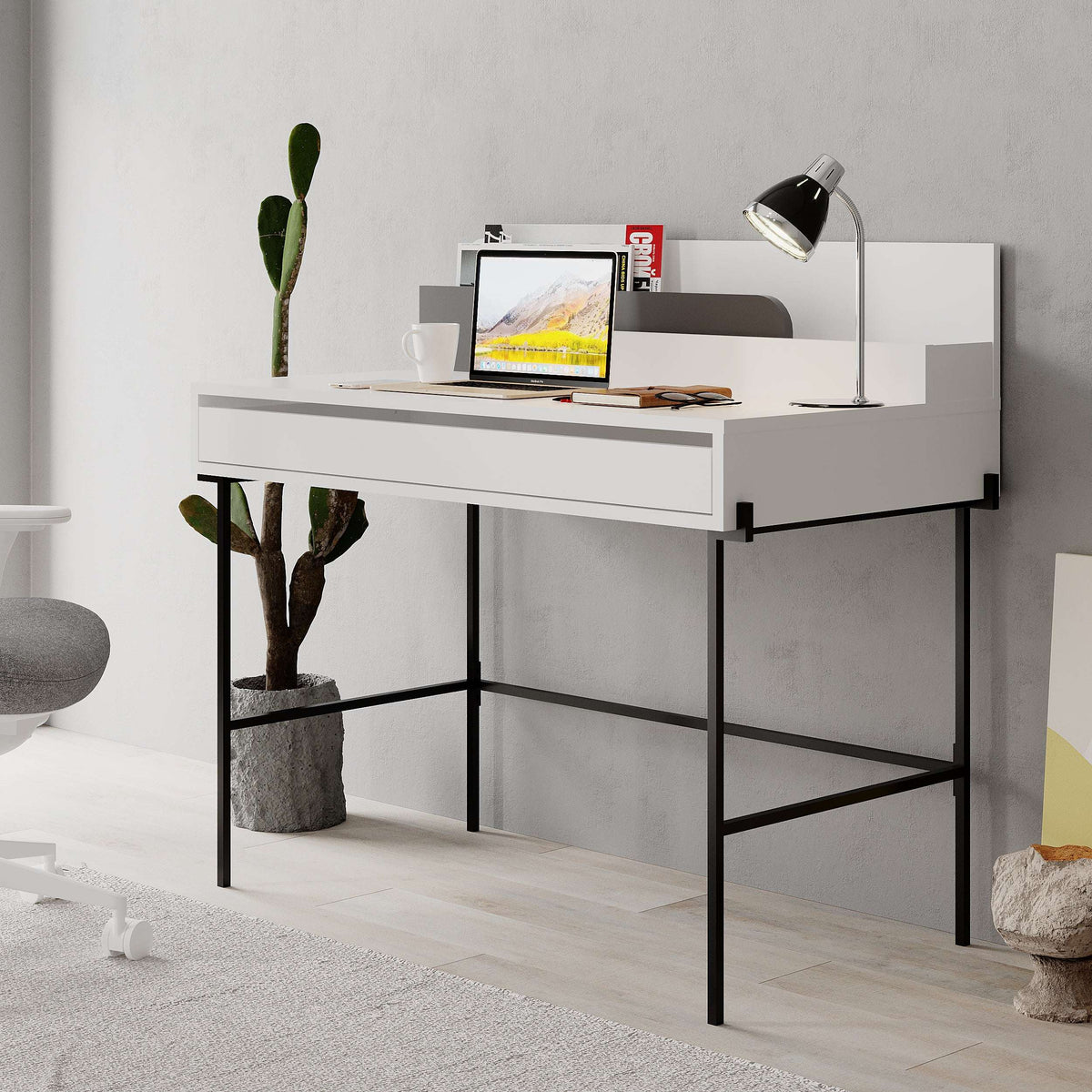 Modern study desk with white floating shelves, anthracite frame, and front drawer