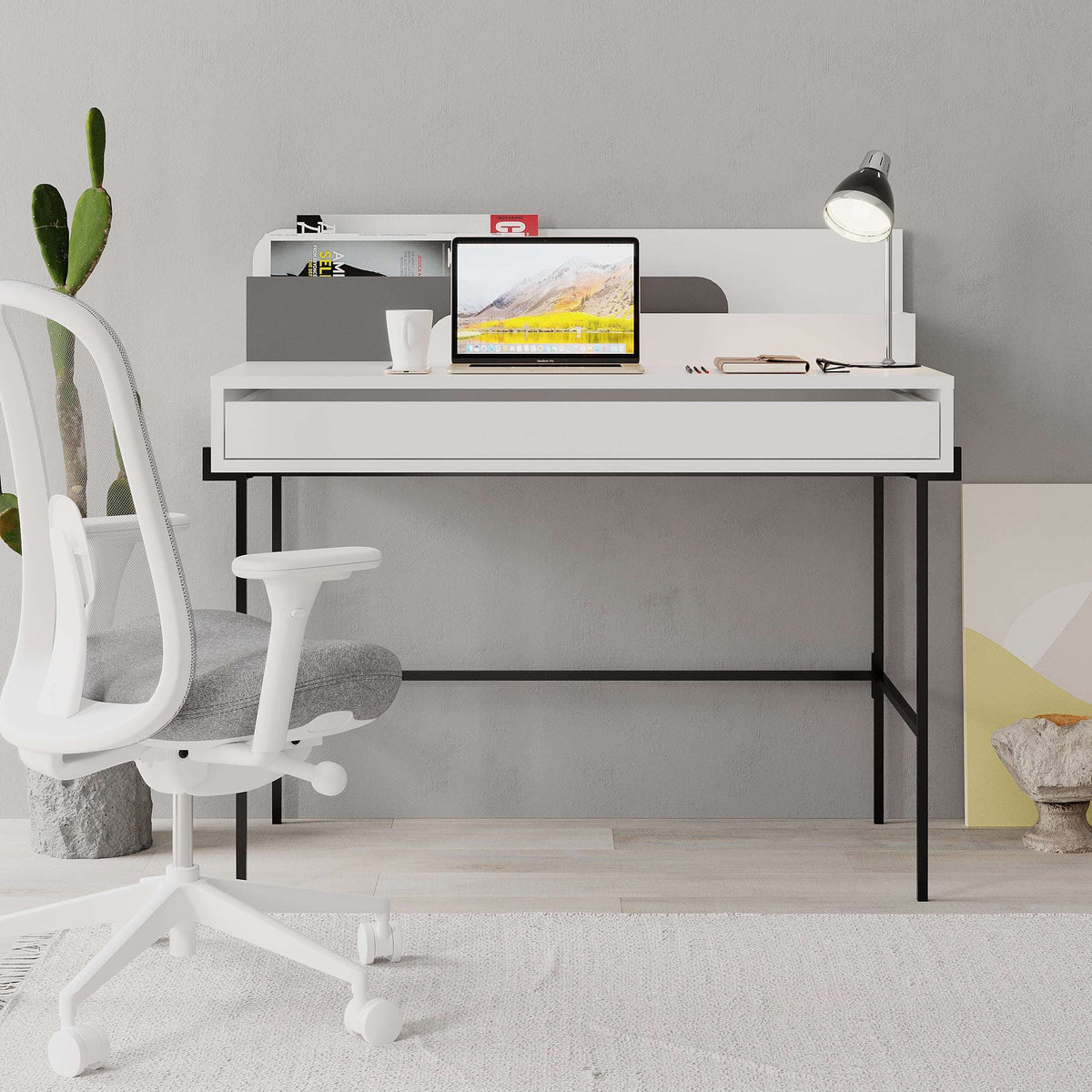 White modern desk with open top shelf, drawer front, and black metal base