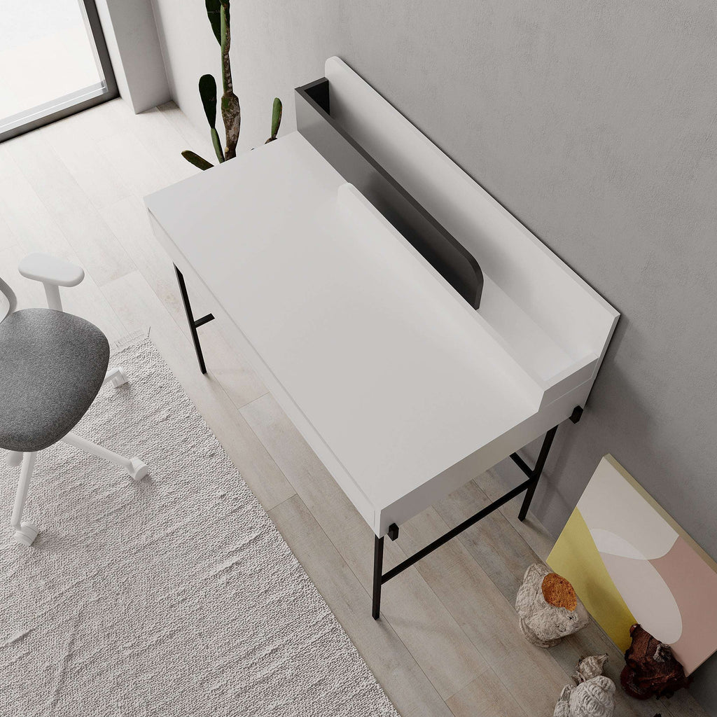 White multipurpose desk with open hinged back panel, drawer front, and black metal legs