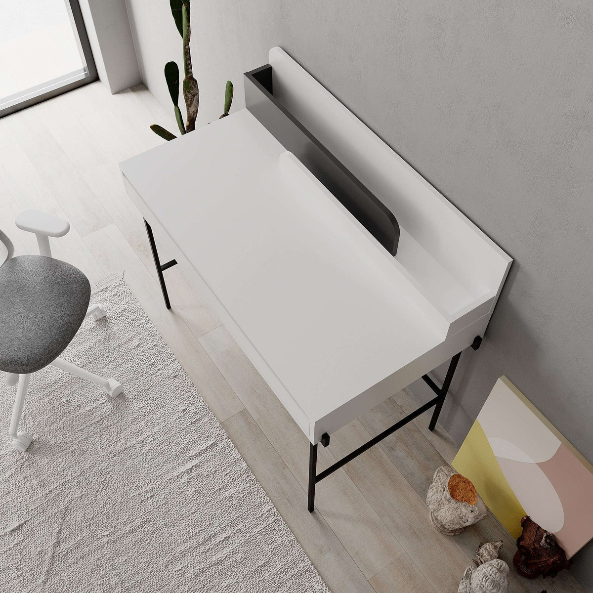White multipurpose desk with open hinged back panel, drawer front, and black metal legs