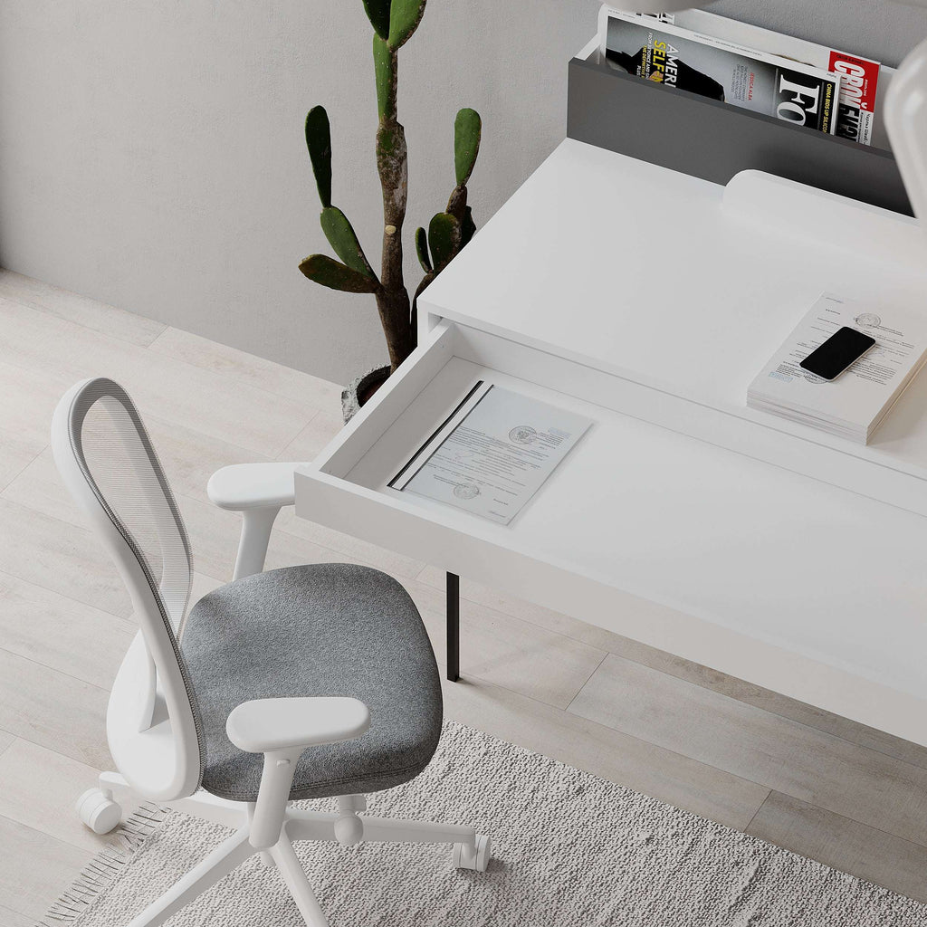White desk with open shelf compartment, drawer fronts, and black metal base