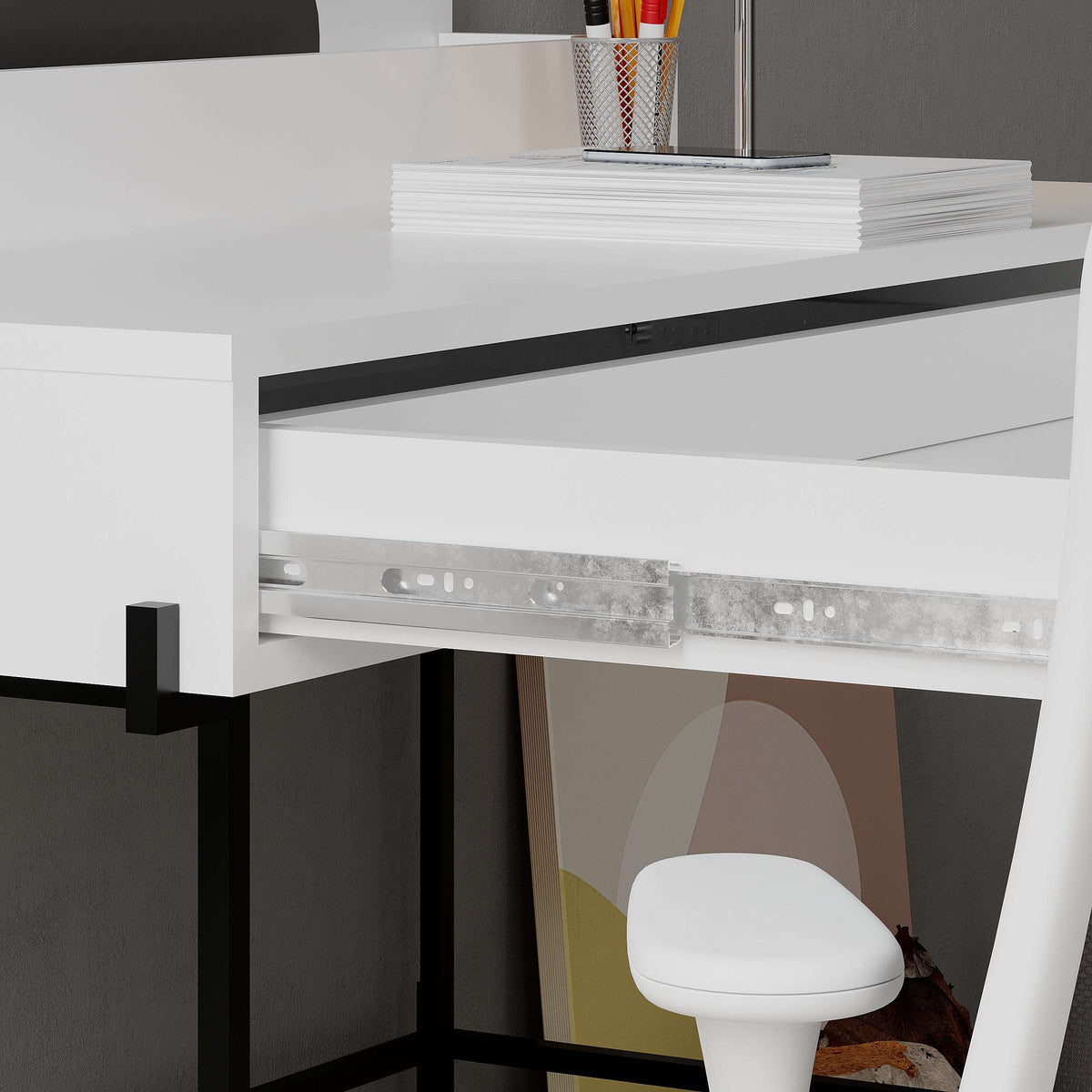 Modern study desk drawer and open shelf with black metal frame