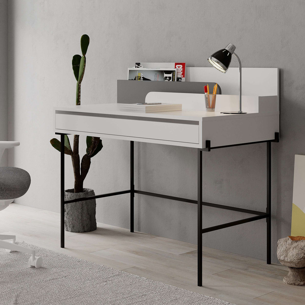 Modern study desk with white shelves, anthracite frame, and front drawer for storage