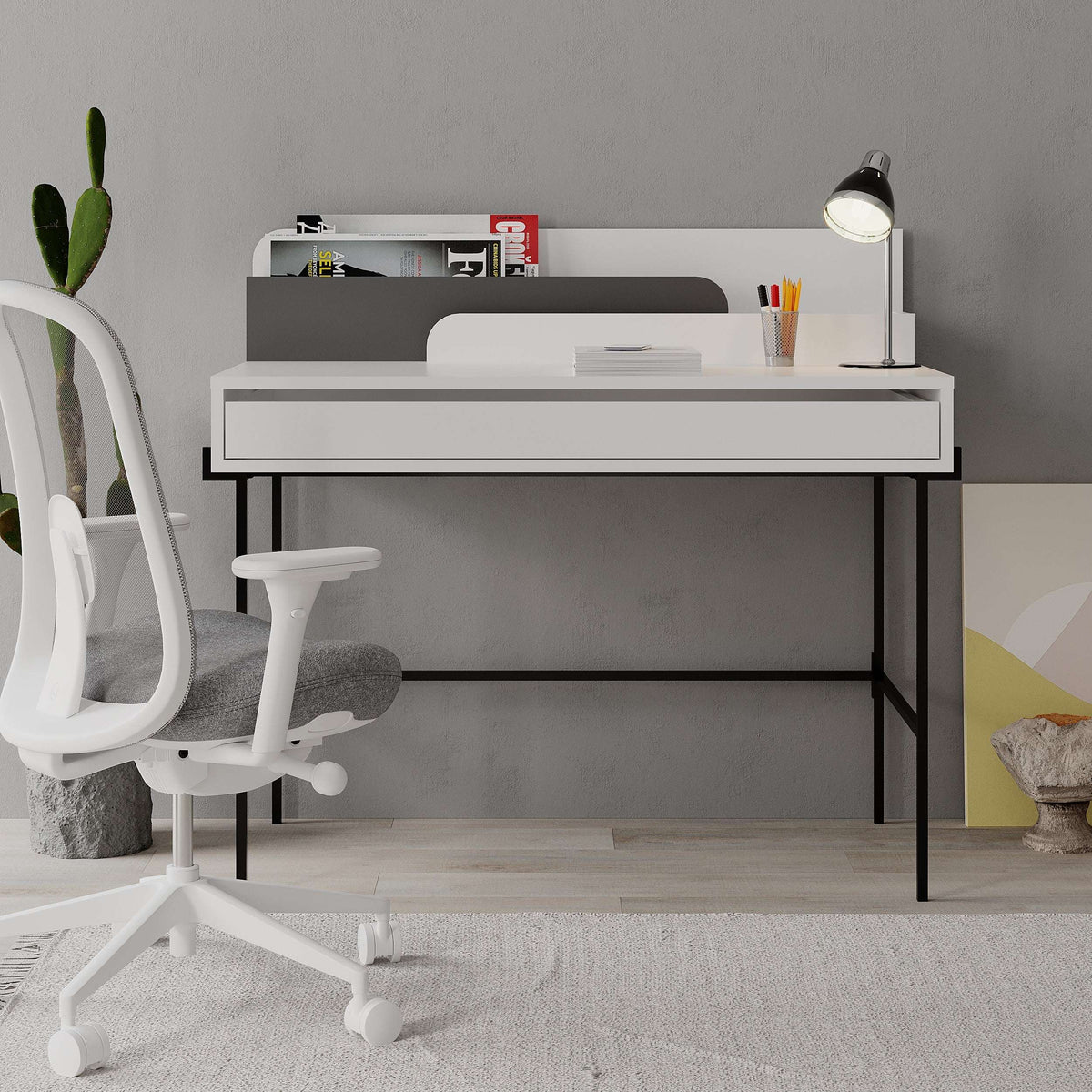 White study multipurpose desk with open top shelf, drawer front, and black frame