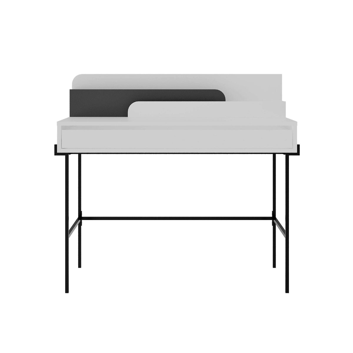 White desk with open hinged back panel, drawer front, and black metal legs
