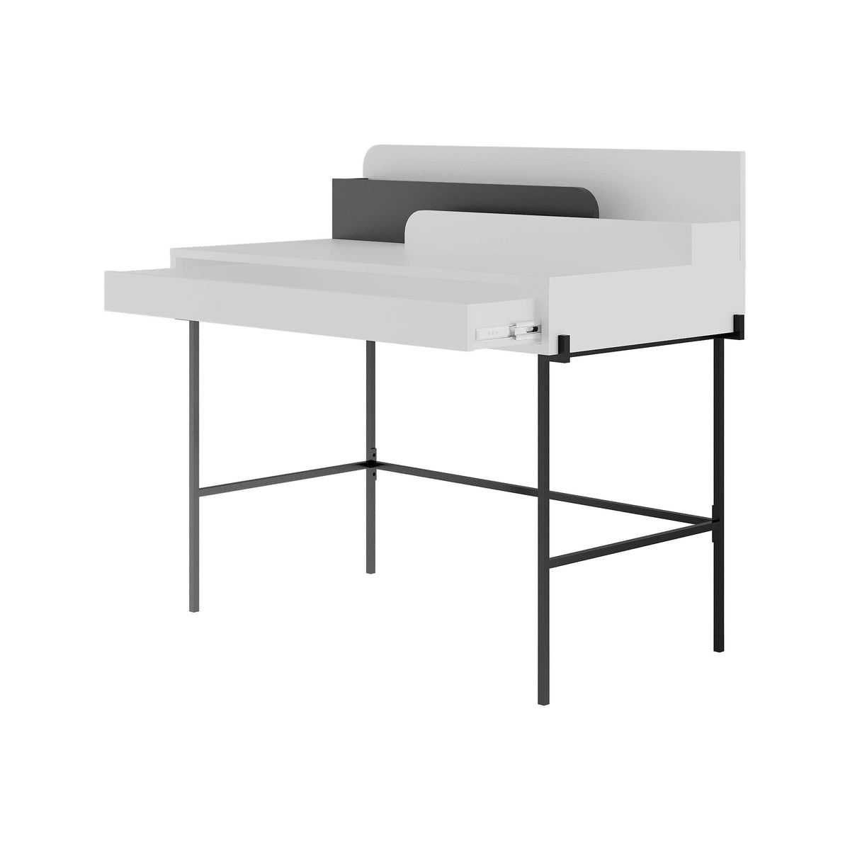 White multipurpose desk with hinged back panel and drawer, black metal legs