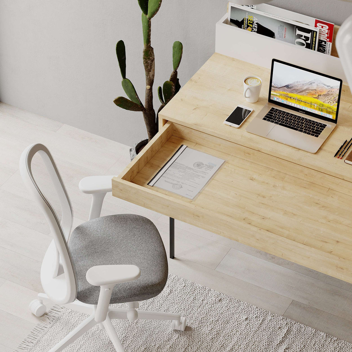 Light wood modern desk with flat top, drawer front opening, and black metal base