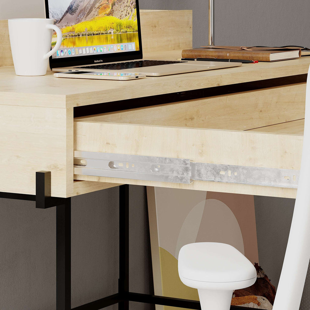 Light wood modern desk with open shelf, black metal legs, and front storage panel