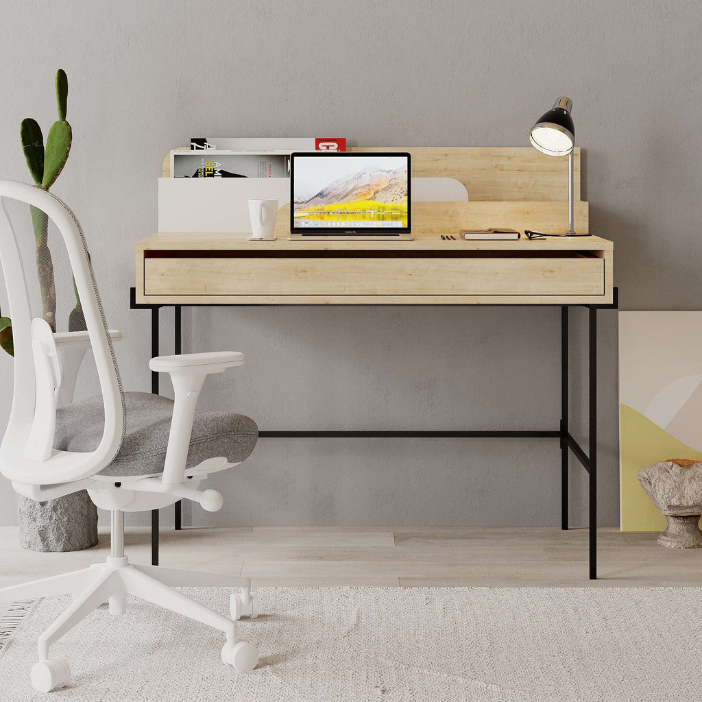 Modern desk with light wood top, black legs, and built-in open storage