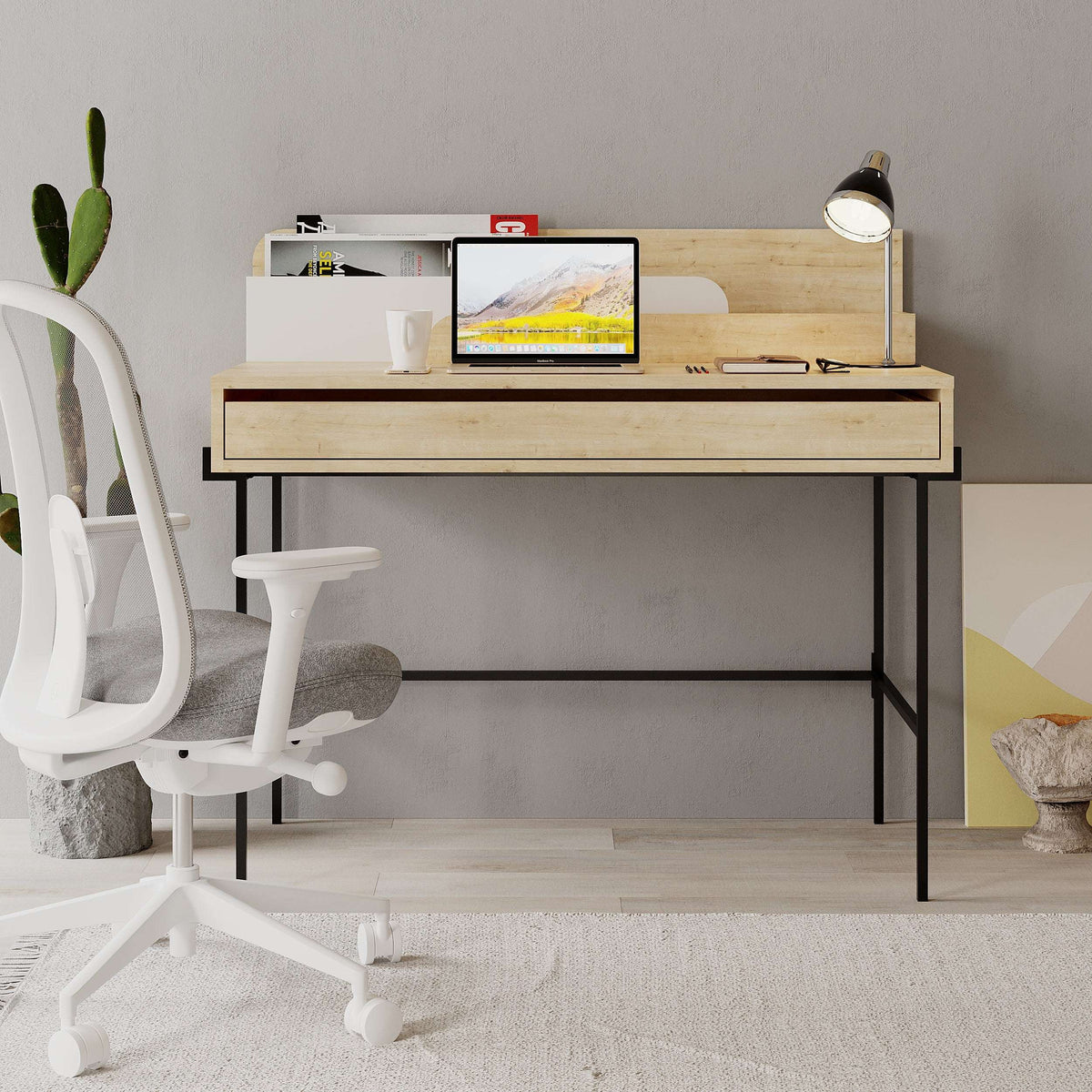 Modern desk with light wood top, black legs, and built-in open storage