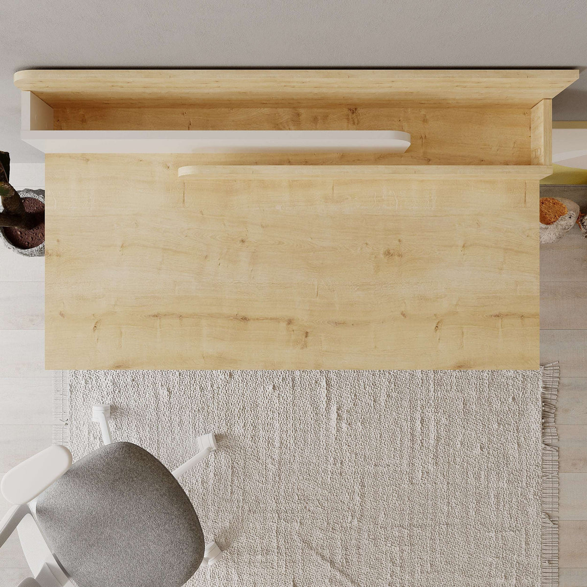 Modern desk front with light wood panel and under-shelf opening