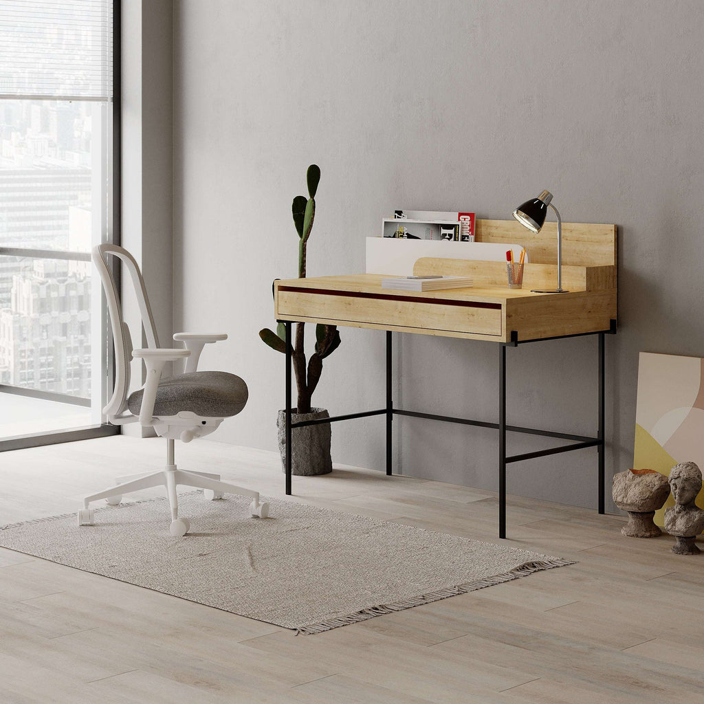 Modern study desk with oak work surface, anthracite base, shelves, and front drawer