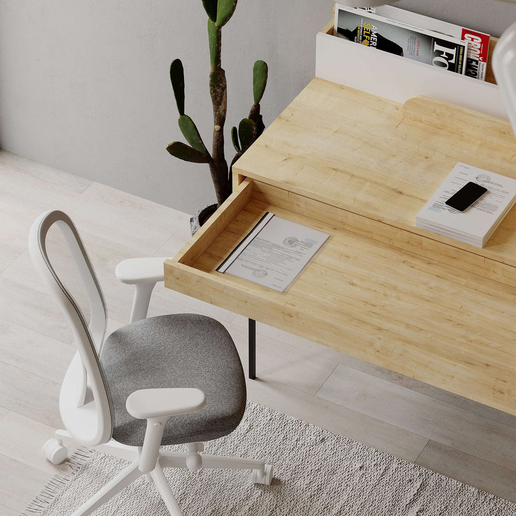 Modern desk in light wood with black metal base and open side storage