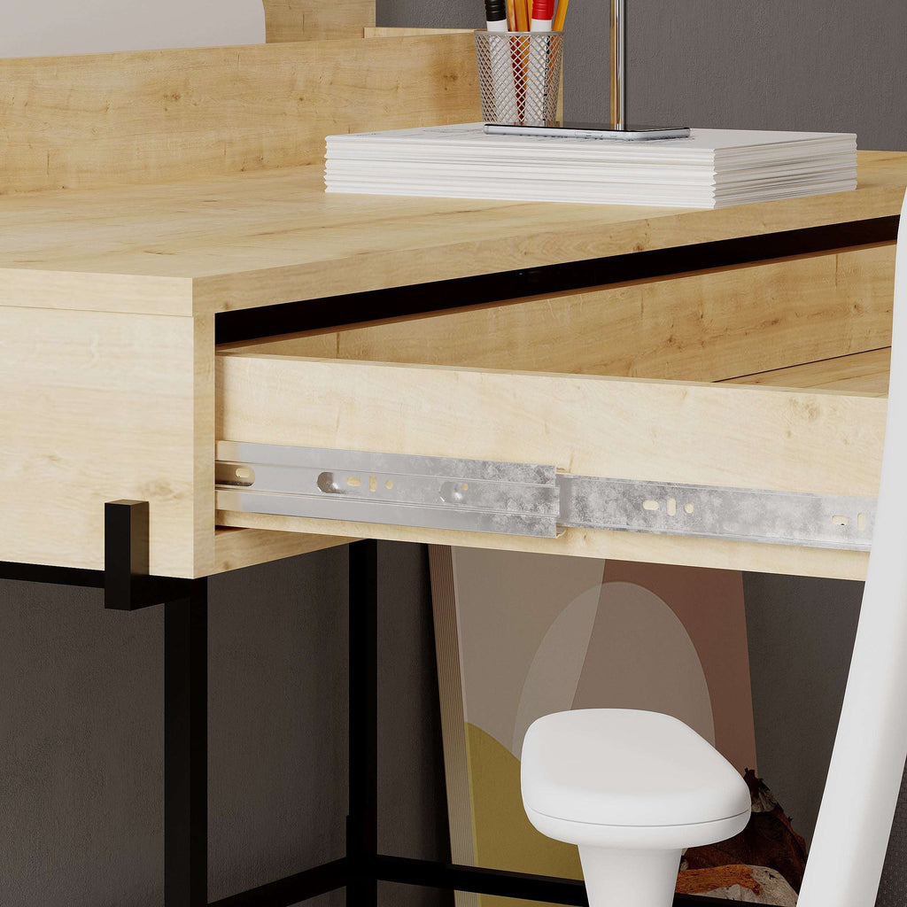 Light wood desk with open shelf, black metal legs, and white chair beneath