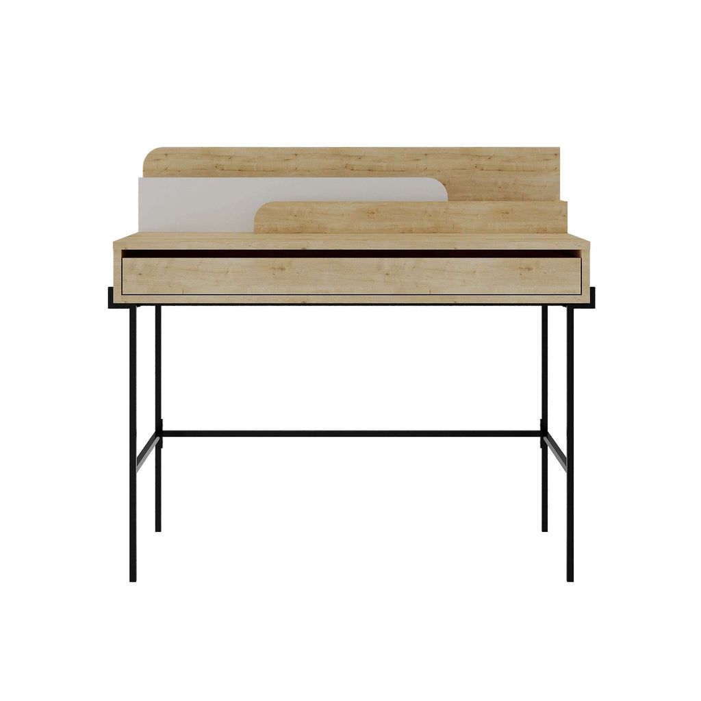 Modern desk with light wood top and open front storage frame in black