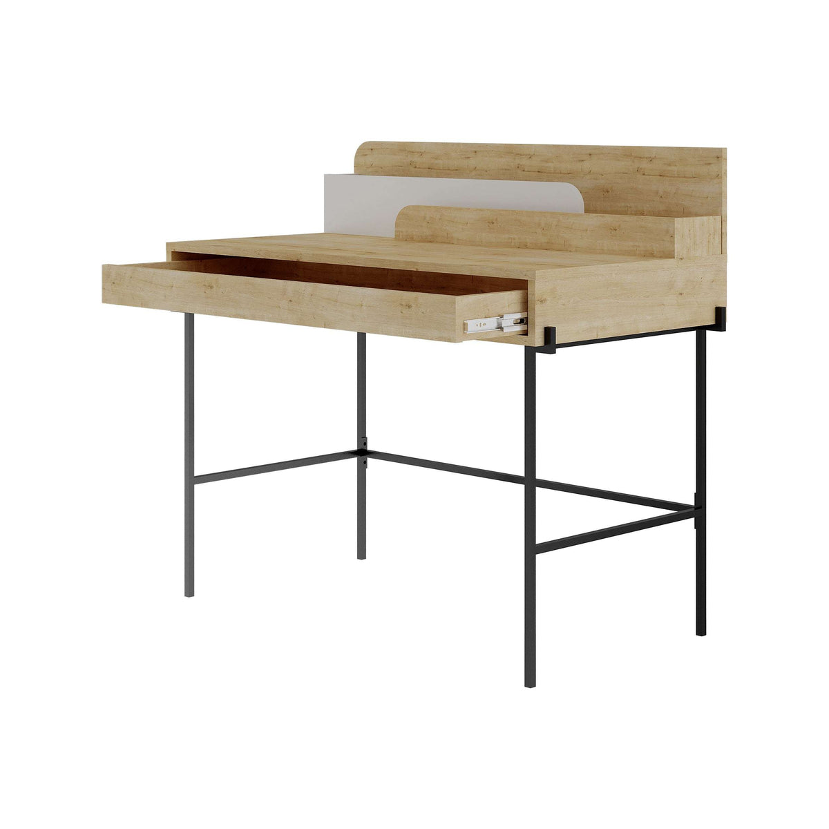 Rectangular desk with light wood tabletop, layered shelf top, and black legs