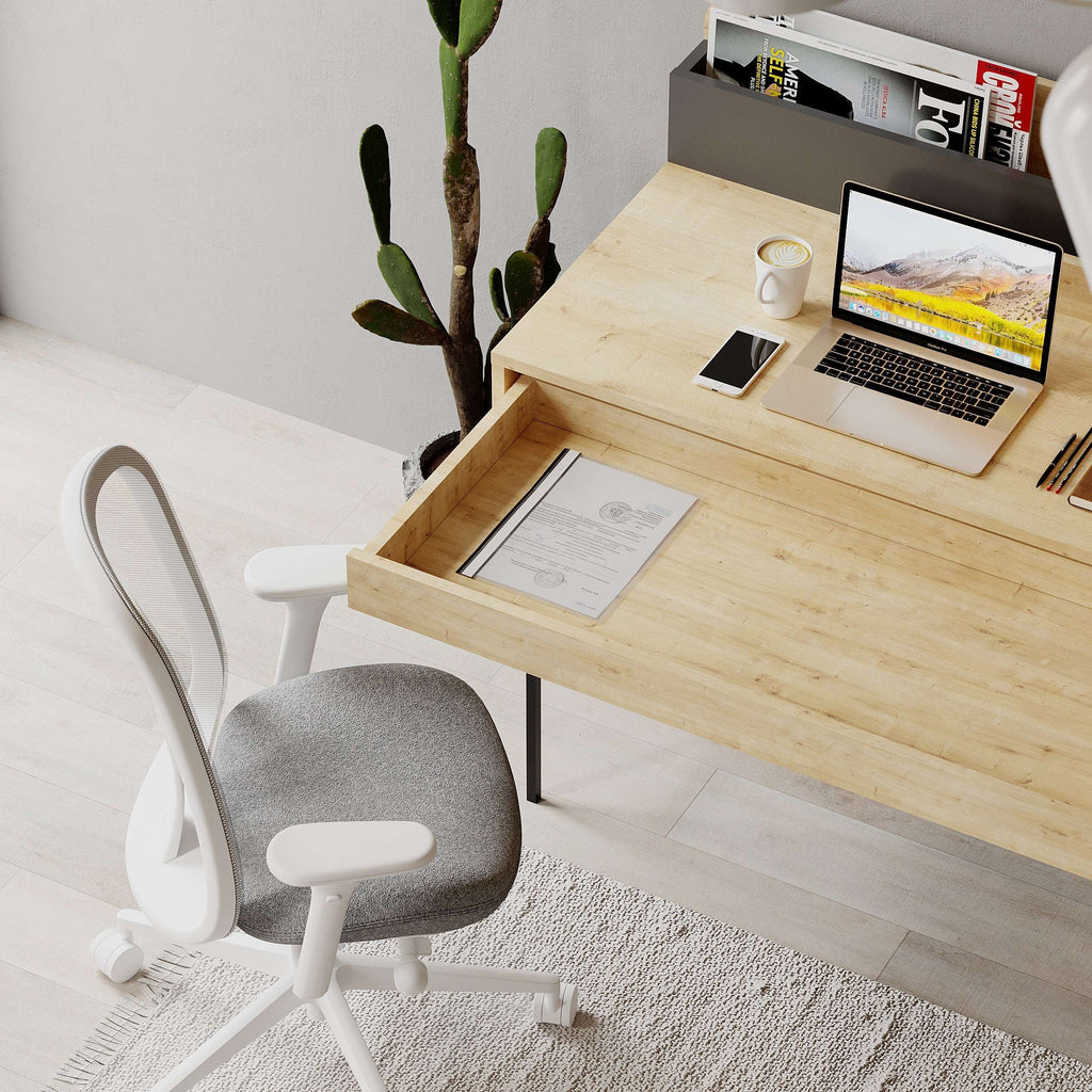 Light wood modern desk with open shelf and black metal frame, used as a workstation