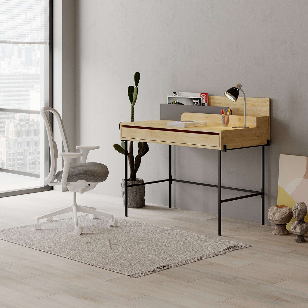 Modern study desk with oak top, anthracite base, open shelves, and side drawer