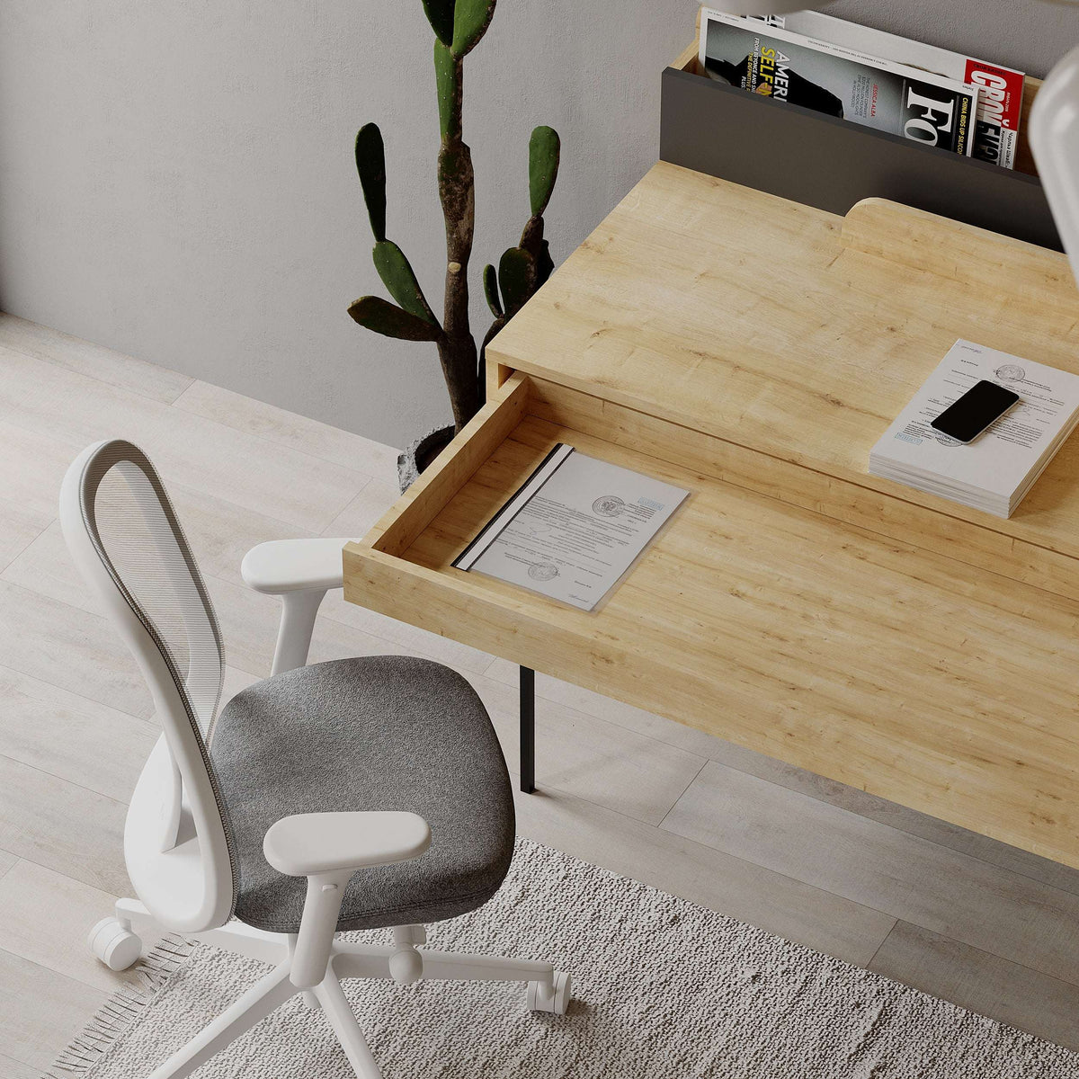 Modern study desk with light oak top, open cubbies, and pull-out drawer