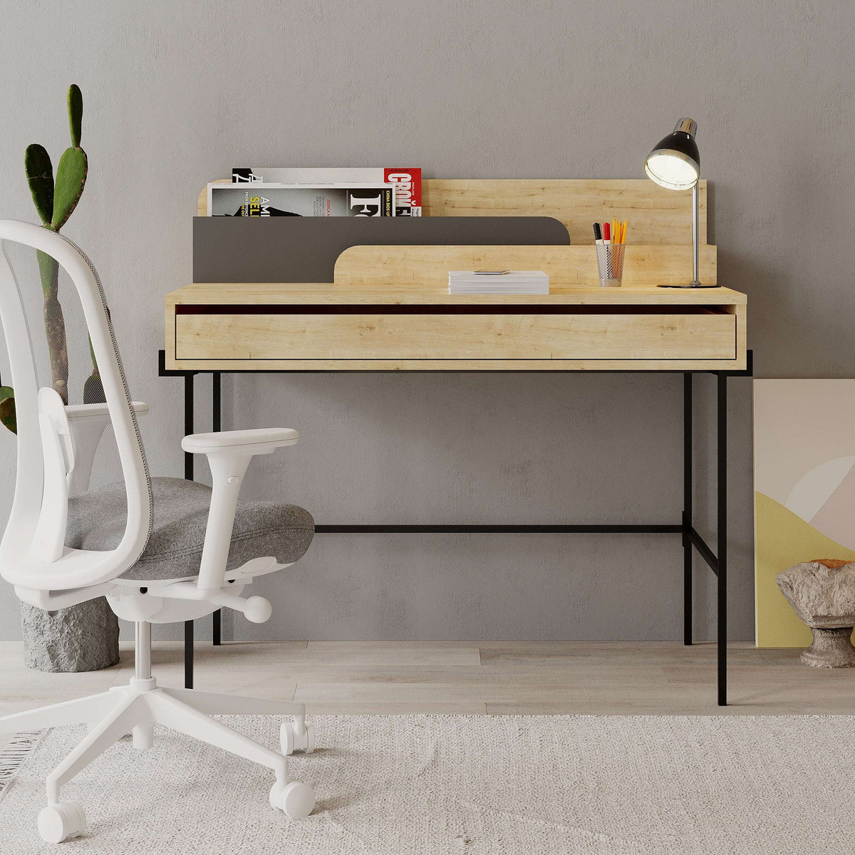Modern multipurpose desk with light wood top, dark metal legs and drawer