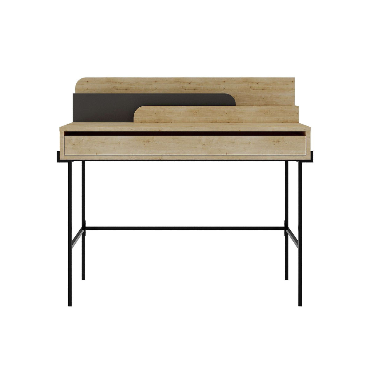 Light wood modern desk with black metal frame and open side shelf