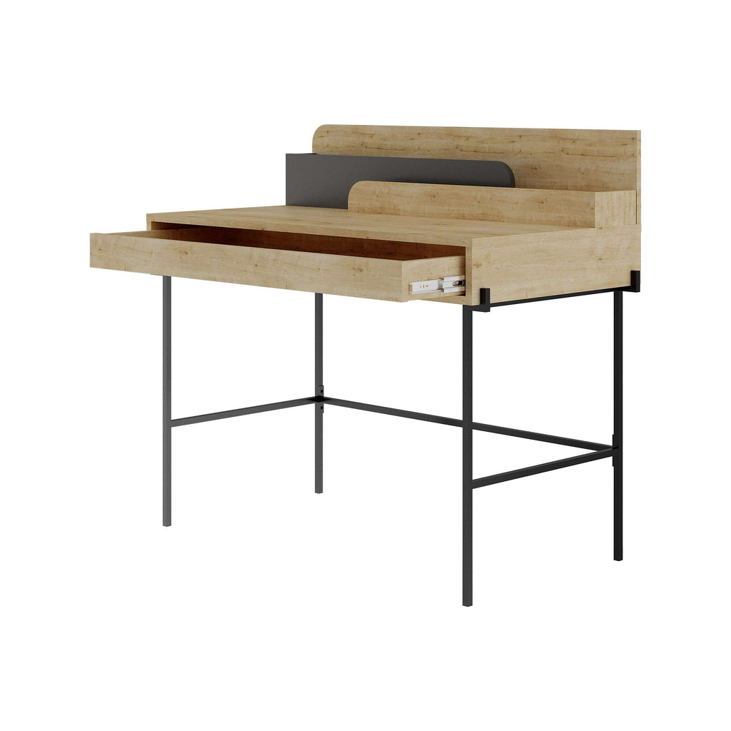 Light wood modern desk with open side shelf, dark metal legs, and storage drawer