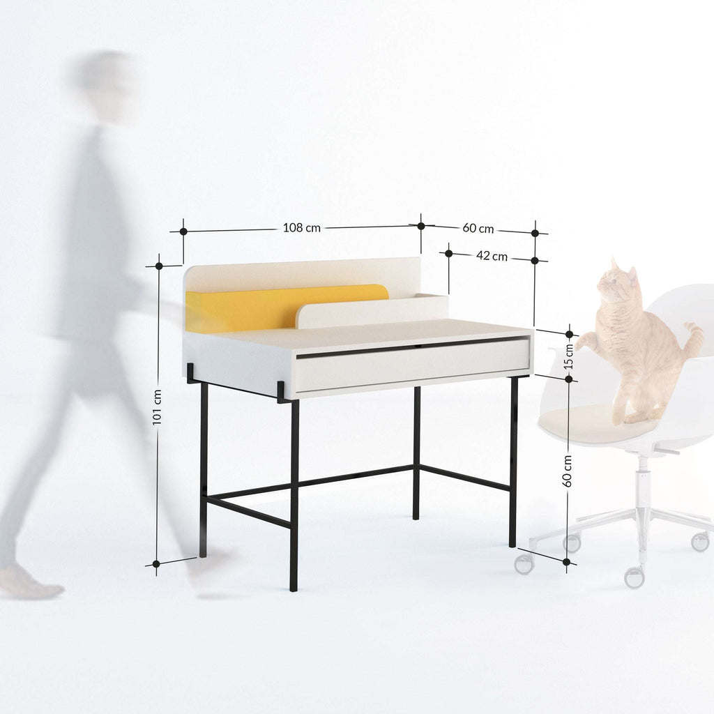 Modern desk with white body, hinged back panel, and dimension labels