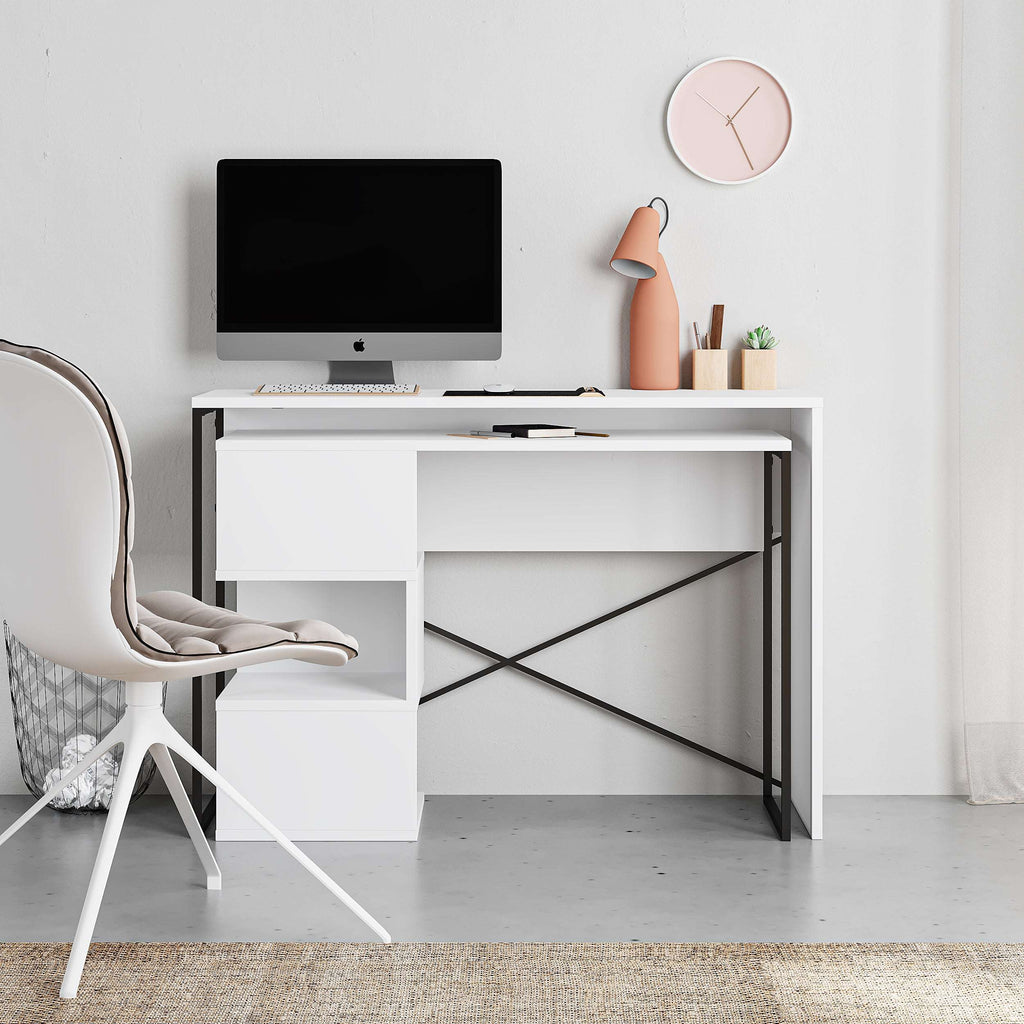 White 2-in-1 working table with storage shelves and black X frame