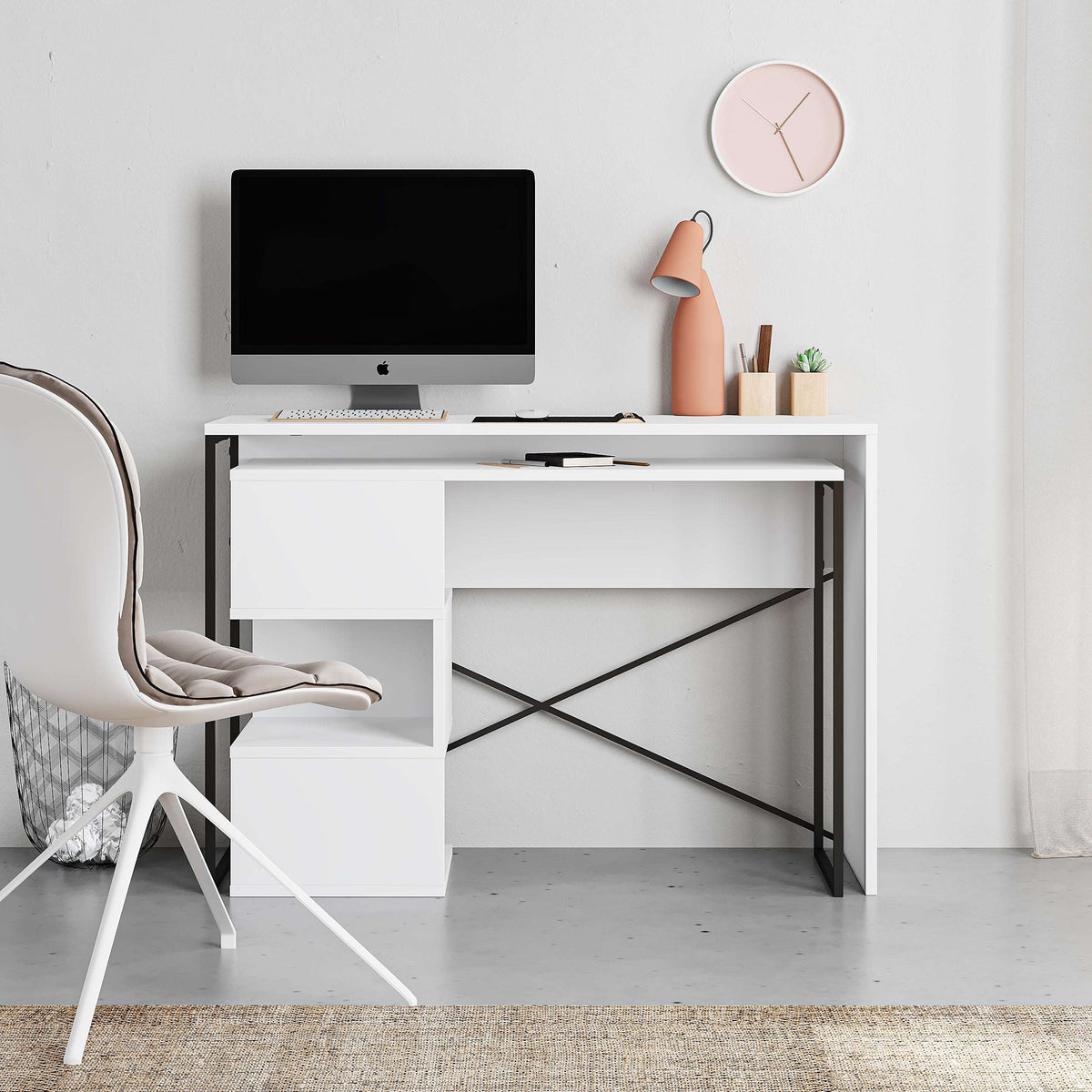 White 2-in-1 working table with storage shelves and black X frame