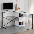 Multi-purpose working table with white top, black metal X brace, and open storage cubbies