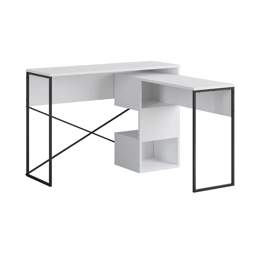 White 2-in-1 working table with open cubbies, black metal legs, and X brace support
