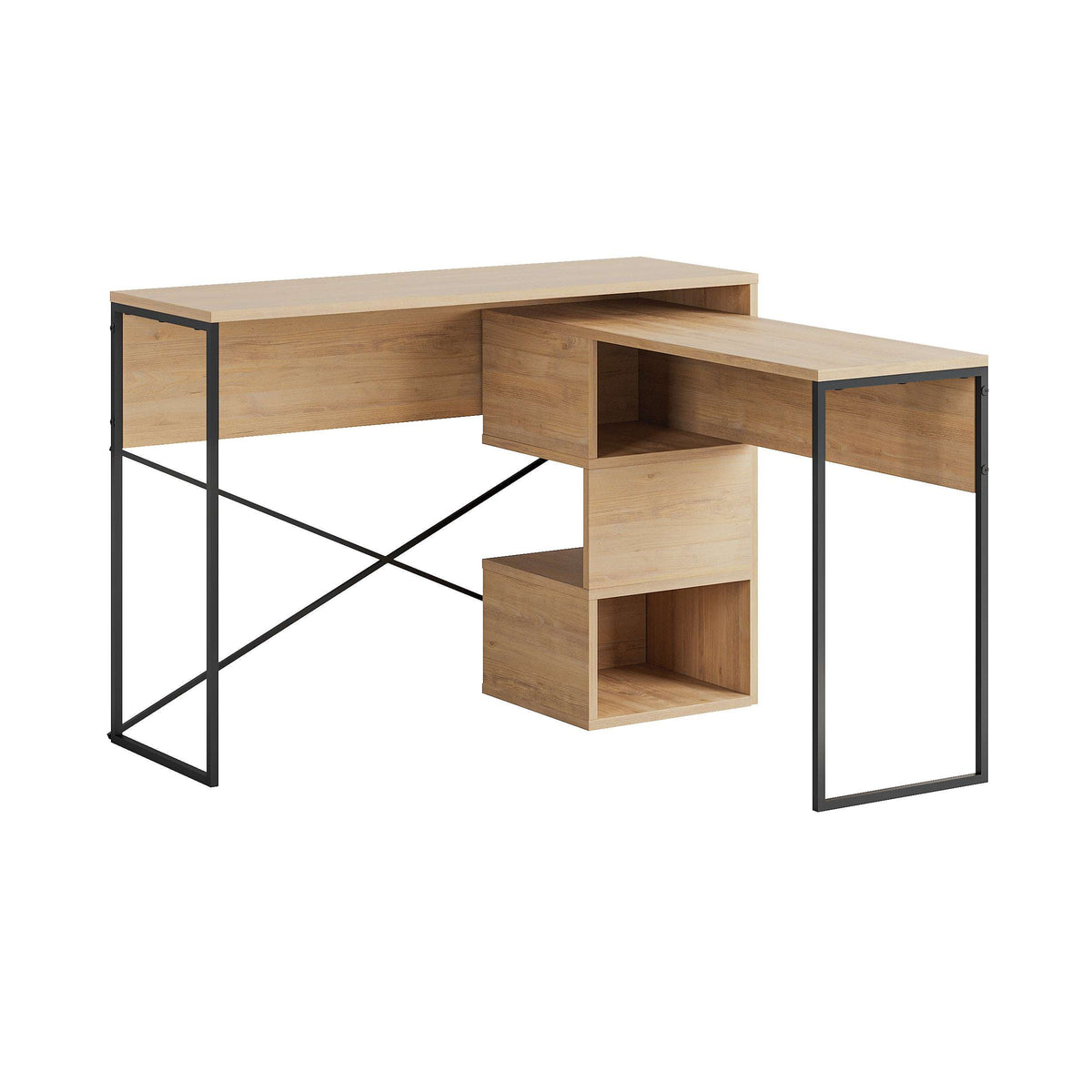 Light oak working table with open cubby storage, black metal legs, and X brace support