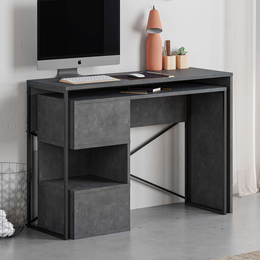 Dark grey 2-in-1 working table with storage shelves and X metal frame