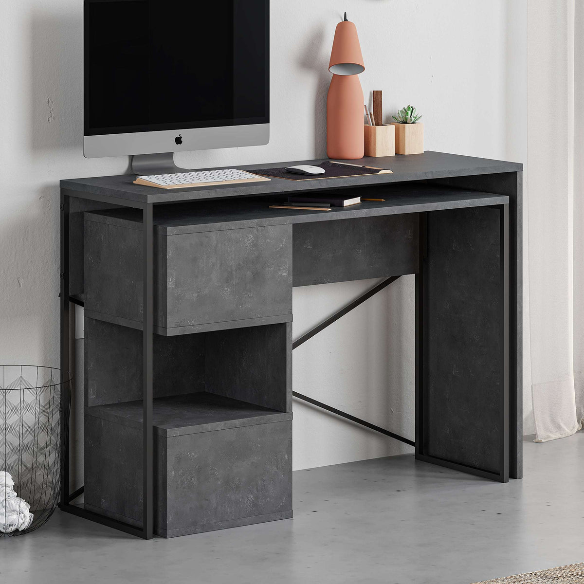 Dark grey 2-in-1 working table with storage shelves and X metal frame