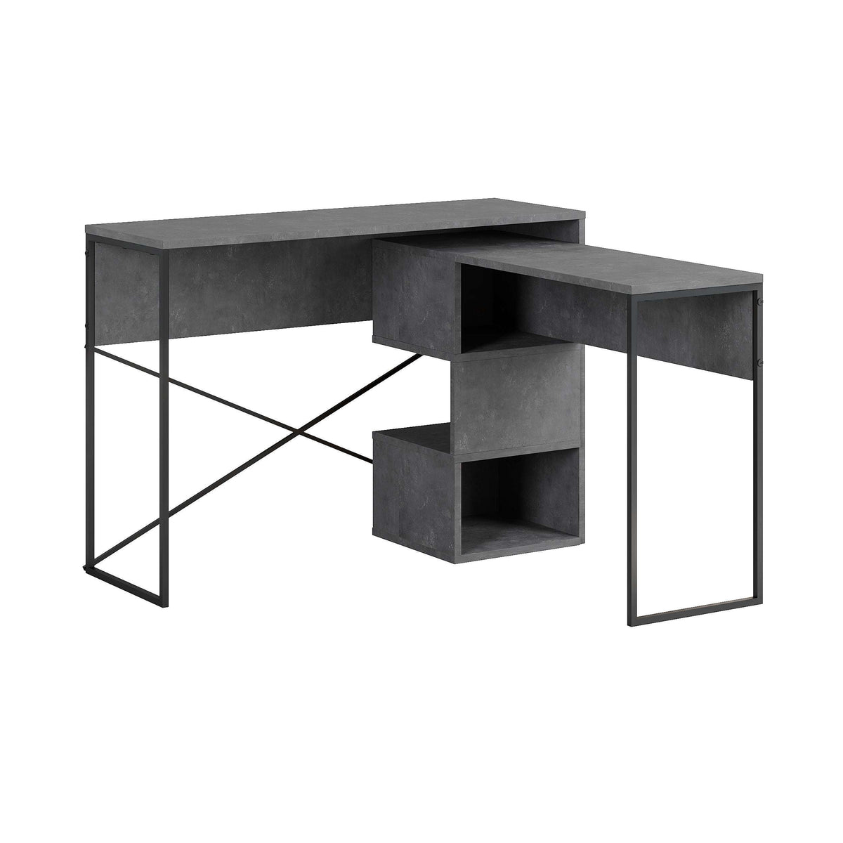 Dark gray working table with open cubby storage, black metal legs, and X brace support
