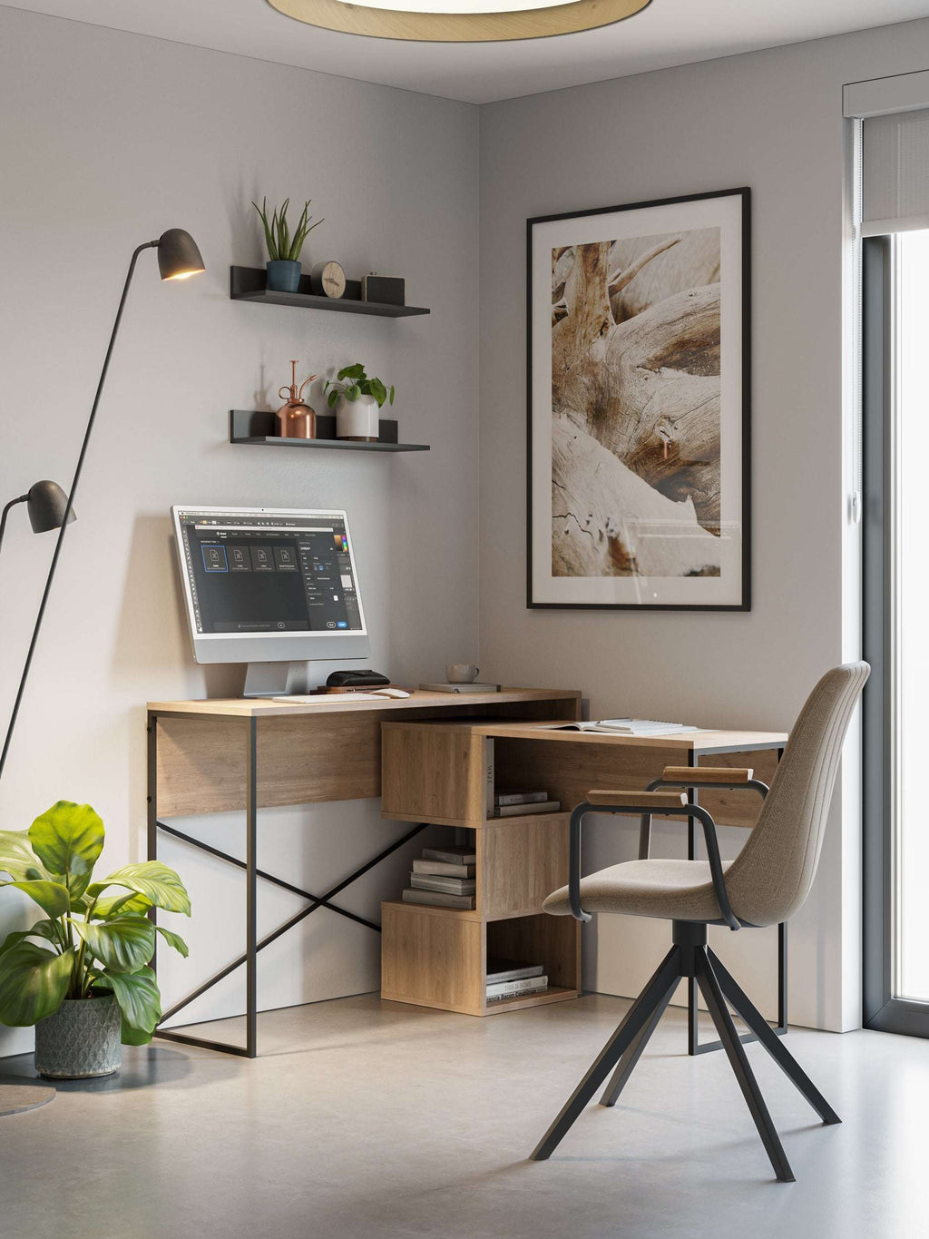 Multi-purpose working table with light oak finish, black metal frame, and open shelving