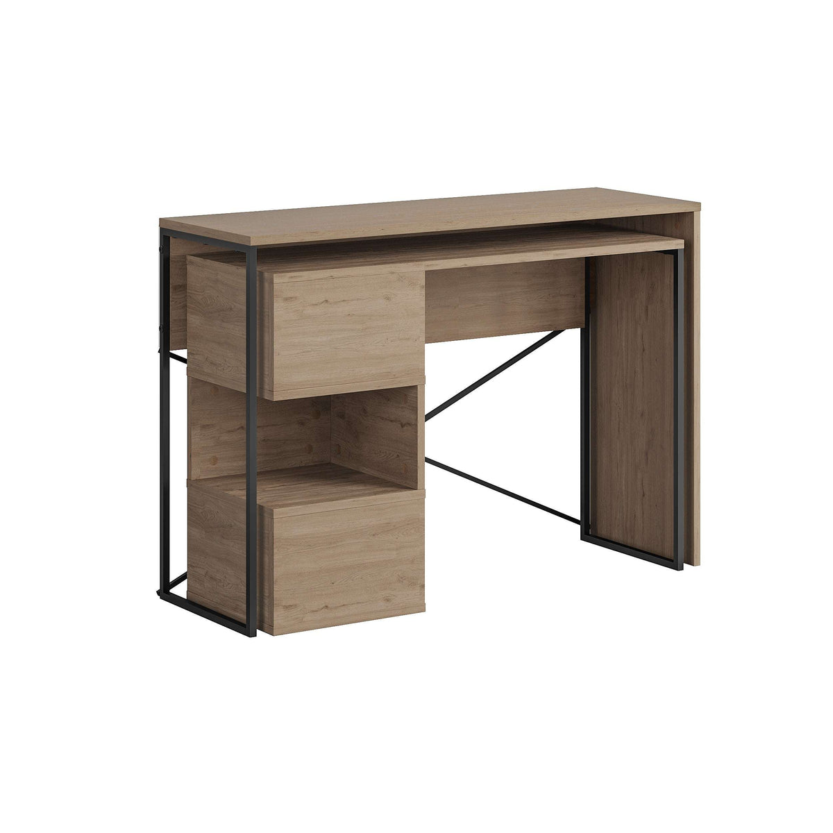 Light oak working table with side cabinet storage, open shelf, and black metal X frame