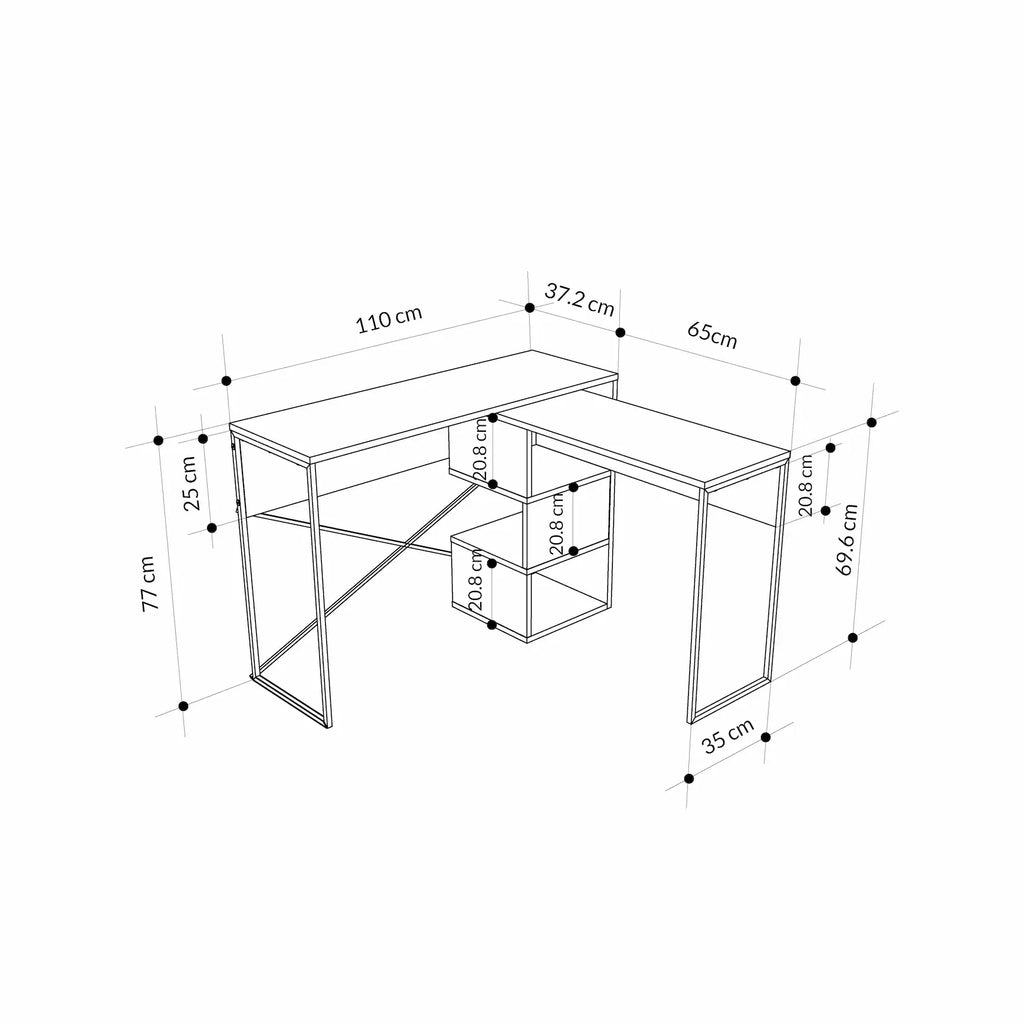 2-in-1 working table dimensions diagram with storage layout measurements