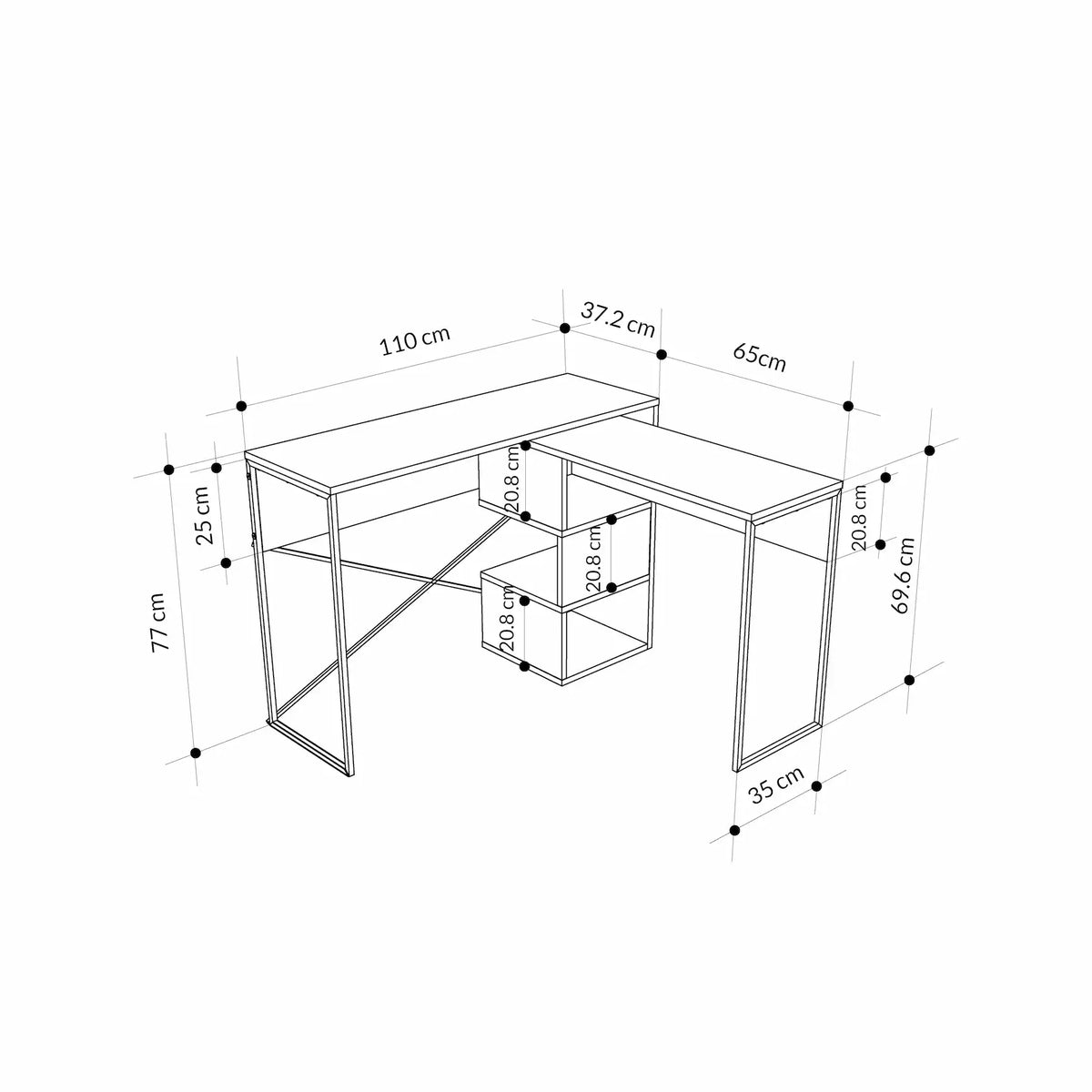 2-in-1 working table dimensions diagram with storage layout measurements