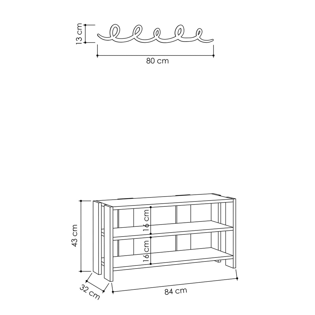Shoe rack with hanger size diagram showing height, width, and depth