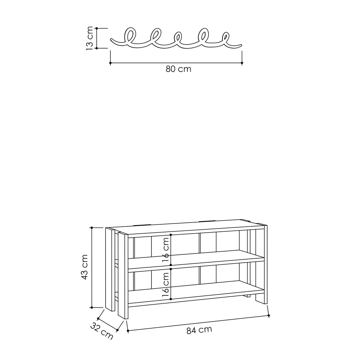 Shoe rack with hanger size diagram showing height, width, and depth
