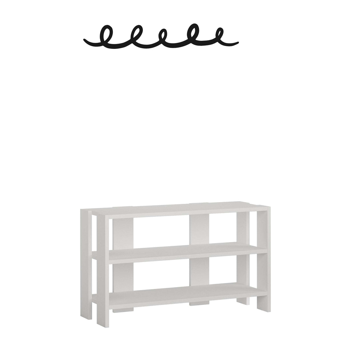 White shoe rack with hanger-style wall rail and three open shelves