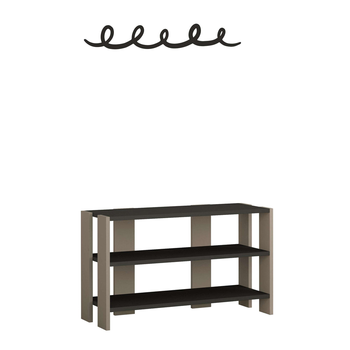 Dark shoe rack with hanger-style wall rail and three open shelves