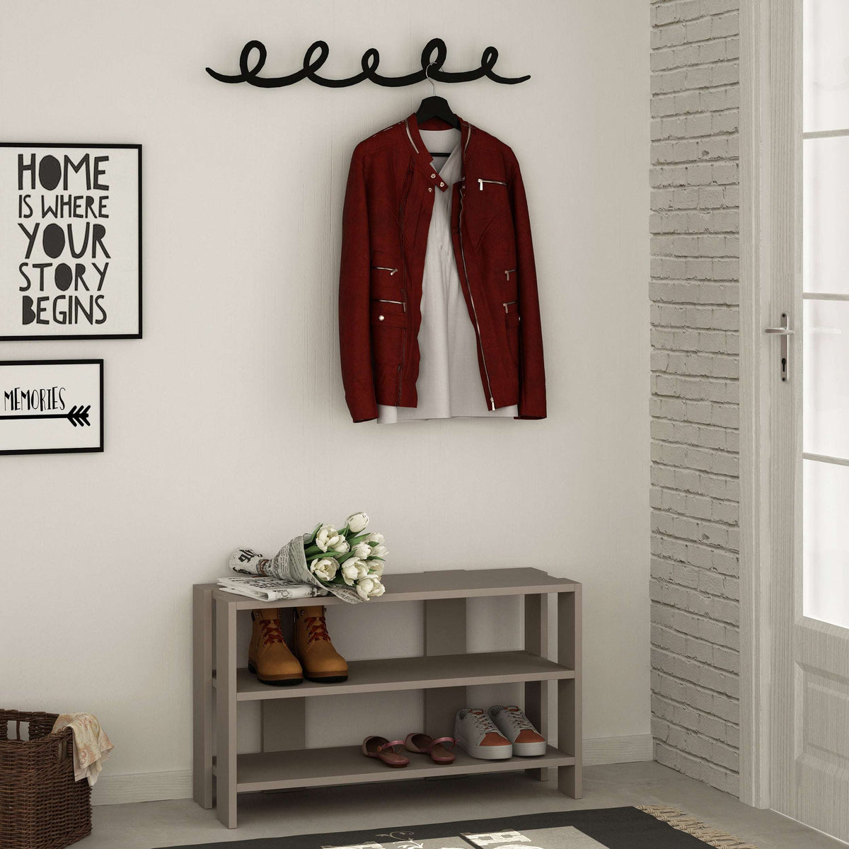 Shoe rack with hanger, gray shelves for boots and a hanging jacket with hook