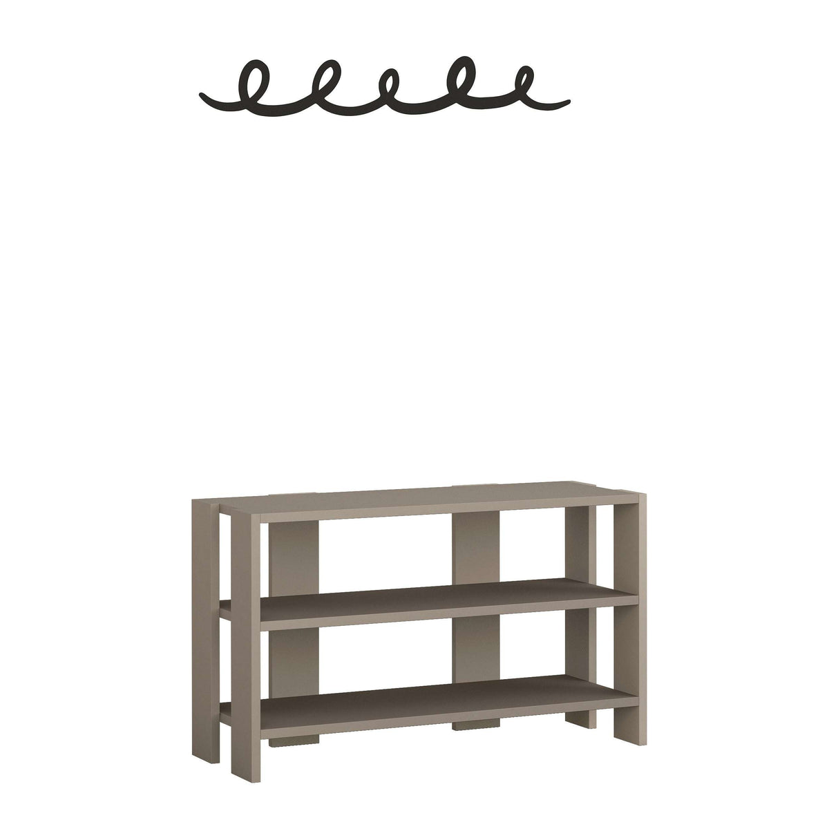 Light mocha shoe rack with hanger-style rail and three open shelves