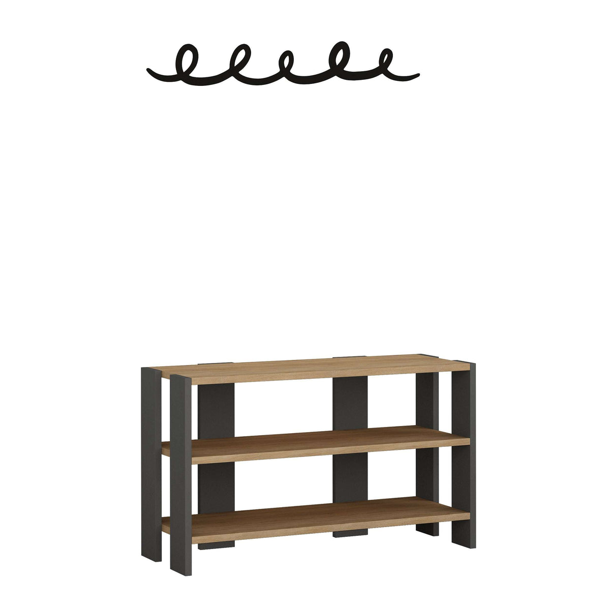 Wood-look and dark-accent shoe rack with hanger-style rail and three shelves