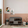 Modern bench with cushioned top and open storage cubbies, retro grey finish